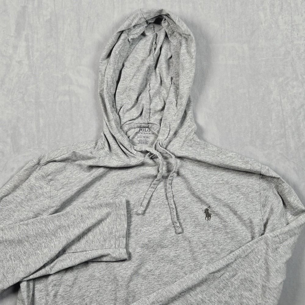 Polo Ralph Lauren Hoodie Mens Large Gray Lightweight Sweatshirt Drawstrings Pony